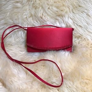 Red satin evening bag-beaded trim-shoulder strap